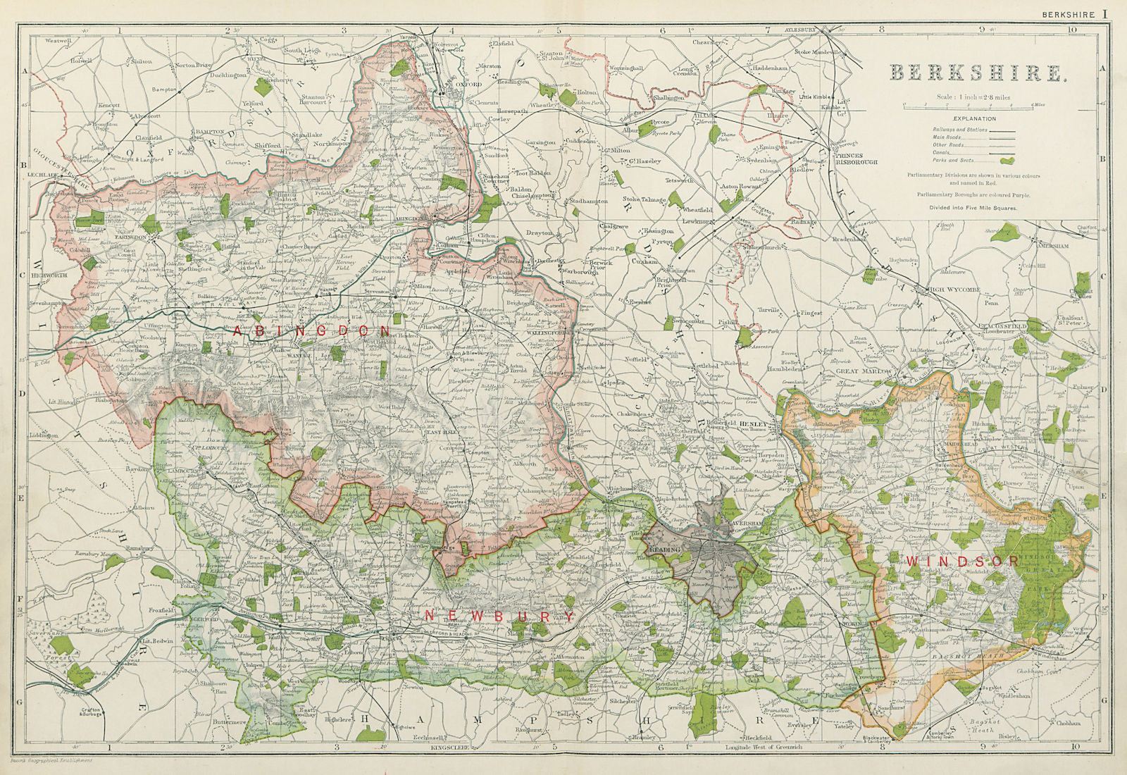 BERKSHIRE. Showing Parliamentary divisions, boroughs & parks. BACON 1920 map